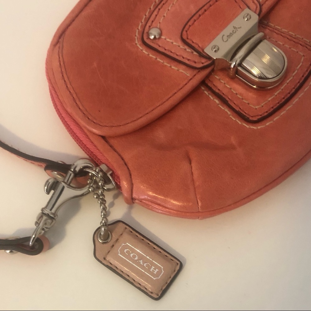 COACH Metallic Push Lock Leather Wristlet Rose